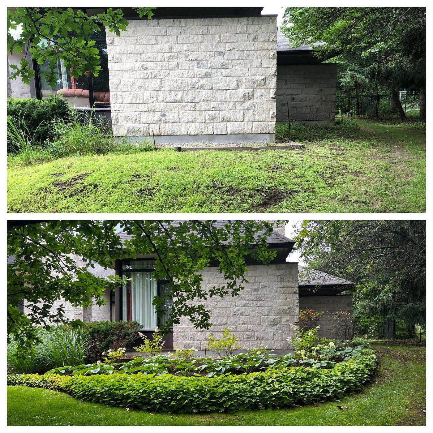 Stone block house before and after with shaped hedge installation