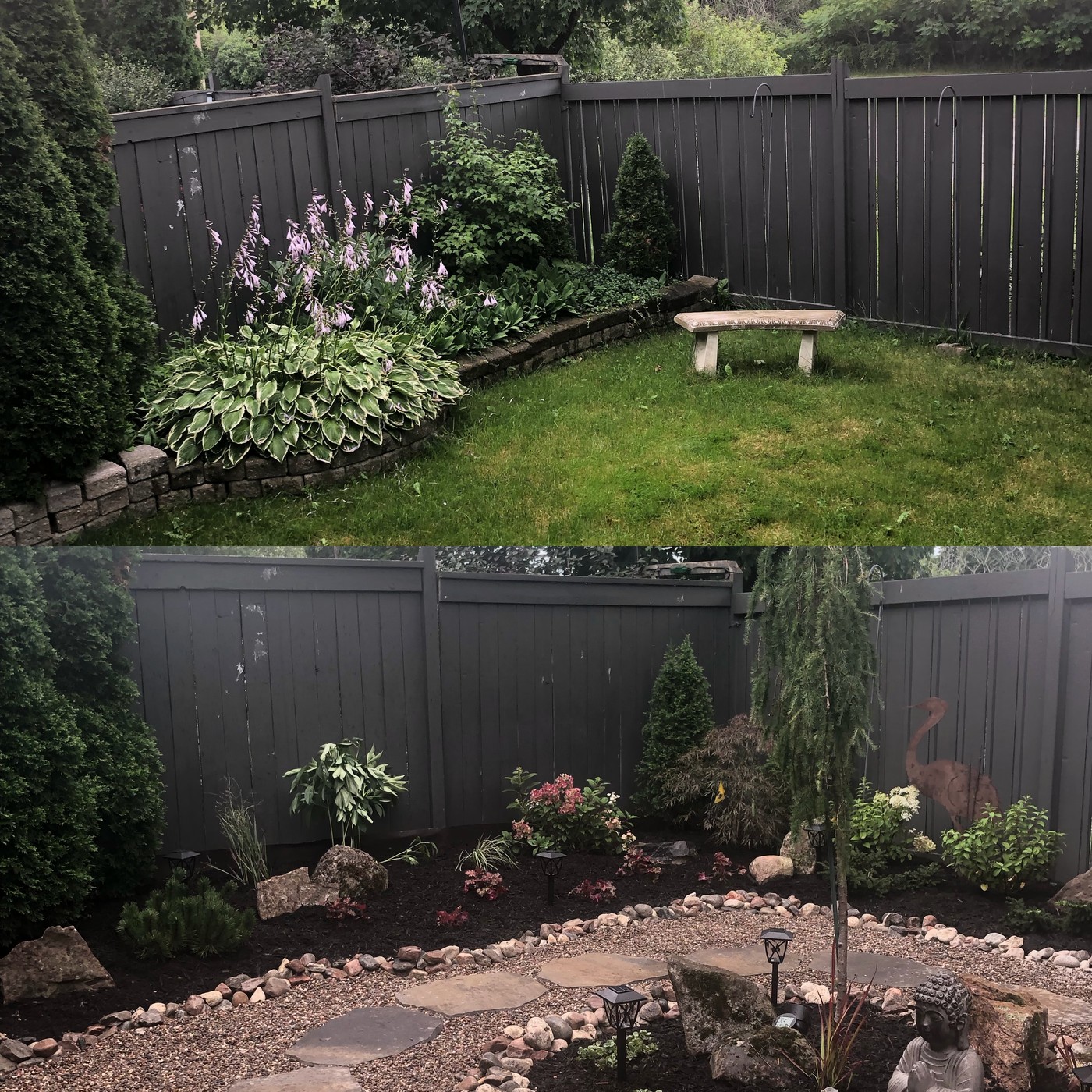 Backyard before and after — lawn transformed into a meditation garden with flagstone path, pea gravel, river-rock planting circle, weeping cedar, and Buddha statue